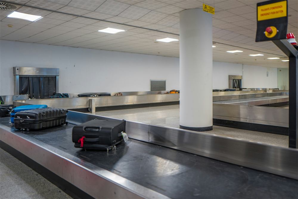 Baggage handling conveyor system at an airport.